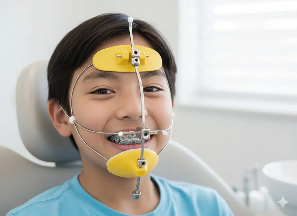 Smiling child sitting in a dental chair wearing braces with a cheek retractor - Reverse Pull Headgear Braces in Prosper, TX