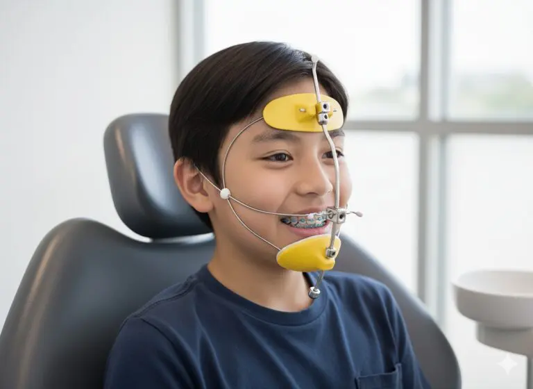 Child with braces sitting in a dentist’s chair, facing slightly to the left, wearing a cheek retractor - Reverse Pull Headgear Braces in Prosper, TX