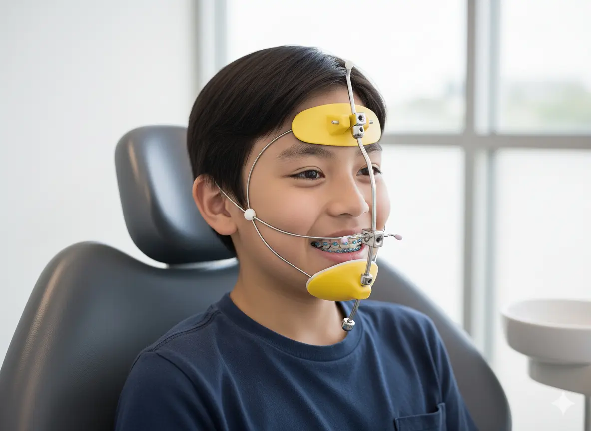 Gemini_Generated_Image_ga5nmhga5nmhga5n Child with braces sitting in a dentist’s chair, facing slightly to the left, wearing a cheek retractor - Reverse Pull Headgear Braces in Prosper, TX