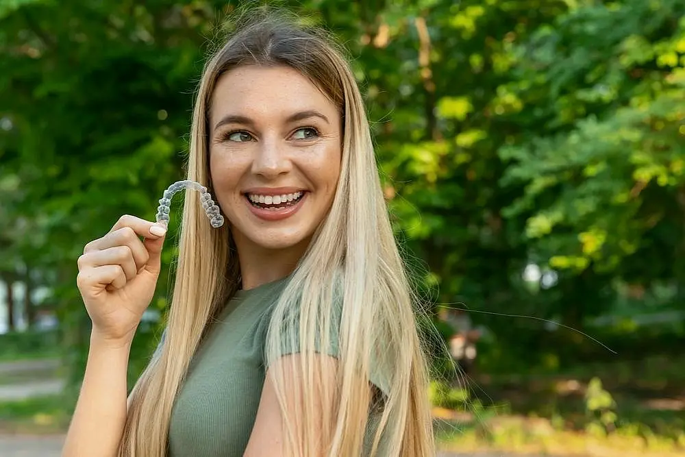 A woman smiling and holding invisalign outdoor, a testament to the best orthodontics innovation at Wink Orthodontics in Colleyville, TX