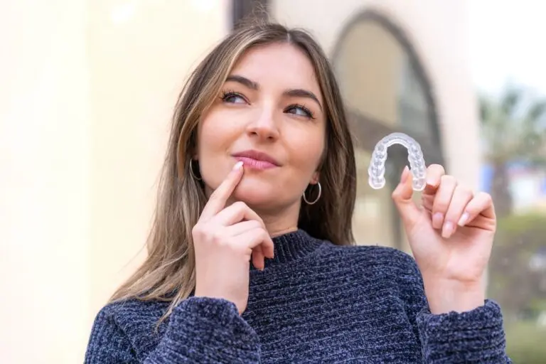 young pretty romanian woman holding invisalign clear aligners - Aligners vs Braces in Prosper and Colleyville, TX