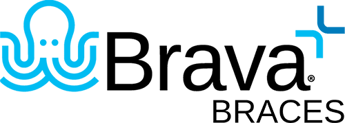 Logo with a blue octopus, blue cross, and bold "Brava Braces" text, representing Wink Orthodontics in Prosper or Colleyville, TX.